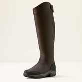 Brown long riding boot on a white background